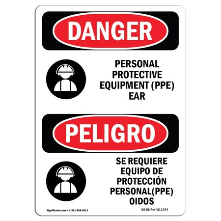 Signmission OSHA Sign, Personal Protective Equipment Ear Bilingual, 14in X 10in Alum, 10" W, 14" H, Spanish OS-DS-A-1014-VS-1734